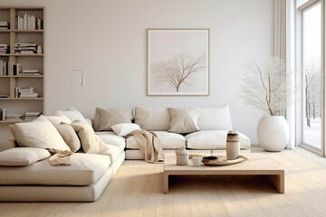 Fototapeta na wymiar A minimalist Scandinavian-inspired living room featuring a soothing palette of beige and white, enhanced by natural light and clean design.