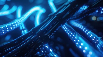 Illuminated Data Cables: Glowing data cables intricately transferring information within a server, showcasing tech power. Close-up shot reveals intricate patterns, blue LED lights - obrazy, fototapety, plakaty