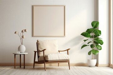 Discover tranquility in a beige-themed living room with a wooden chair, a flourishing plant, and an empty frame poised for your personal touch.