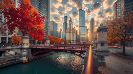 Michigan Avenue Bridge and Magnificent Mile in Chicago, IL, USA - obrazy, fototapety, plakaty