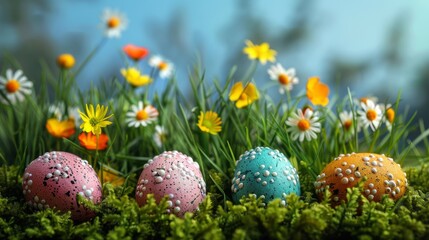 Flowers decorate Easter eggs on grass in blue sky background. - obrazy, fototapety, plakaty