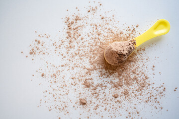 Top wire of whey protein scoop on white background, copy space