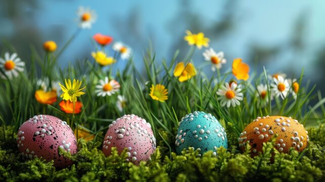 Flowers decorate Easter eggs on grass in blue sky background.