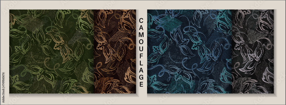 Poster seamless camouflage patterns with random scattered carnival masks, overlapping tulle pieces. random 