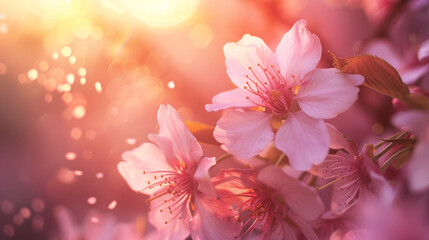 Close-up of Pink Cherry Blossoms with Sunlight Flare