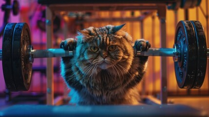 Humorous portrayal of feline fitness, a rotund cat sweats profusely as it attempts to lift weights in a brightly lit gym - obrazy, fototapety, plakaty