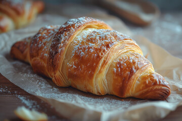 Close up of delicious croissants on a wooden background. Homemade croissants.