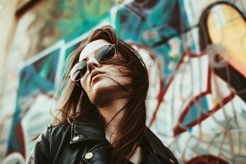 fashion and street style: a girl wears street style sunglasses and goes over graffiti, in the style of realistic, emotive portraits - obrazy, fototapety, plakaty