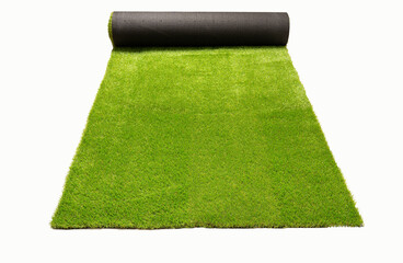 Rolled artificial grass carpet isolated on a white studio background.. Exterior element