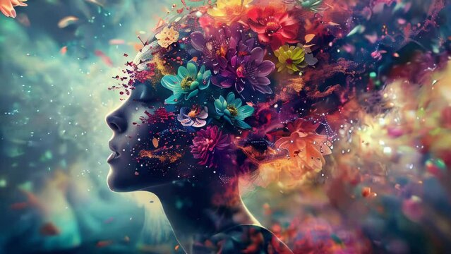 Artistic illustration of spring,  a woman's head decorated with flowers