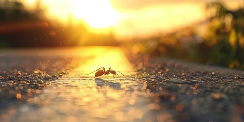 a ant walks on the ground by sunset, in the style of hyper-realistic water, backlit photography,...