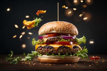 Cheeseburger hamburger in studio lighting and background, cinematic food photography