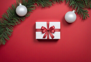 flat view christmas 3d fir branches and decorative little giftbox red and white balls on Red background