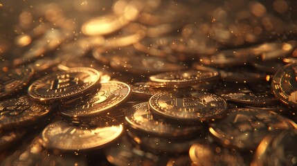Gold Bitcoin Coins in a Glittering Rendering