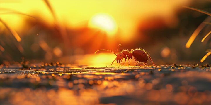 a red insect on a sunset background, charming character illustrations, detailed miniatures, yellow and ambien