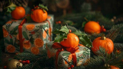 Wrapped Christmas gifts with orange ribbon among fir branches and fresh oranges, a blend of traditional and natural holiday elements.