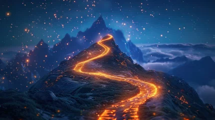 Fotobehang Journey to Success: A winding path leads to a mountain peak adorned with a victory flag against a starry sky. Lined with glowing motivational quotes and symbols. Digital art style. © Postproduction