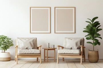 Beige and wooden tones dominate a living room with a lone chair, potted plant, and an open frame for customizable text.