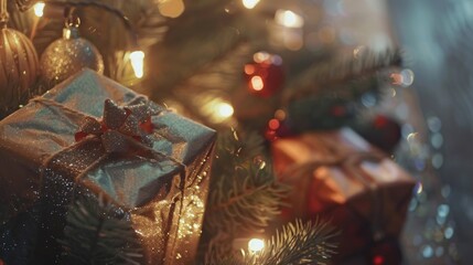 Close-up of Christmas tree branches with twinkling lights and wrapped gifts, conveying a sense of warmth and holiday spirit.