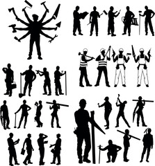 Silhouettes of construction workers, including a handyman, painter, and a man in various gestures, illustrated in line art on a white background