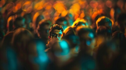 Focused man standing out in a crowd at an event, surrounded by blurred figures.