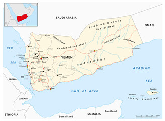 Detailed vector road map of the Middle Eastern state of Yemen - obrazy, fototapety, plakaty