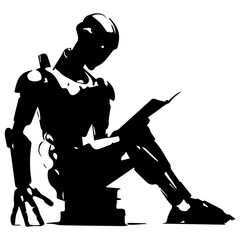 robot reading a book silhouettes vector