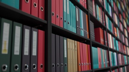Rows of vibrant office binders neatly arranged on shelves, showcasing organization.