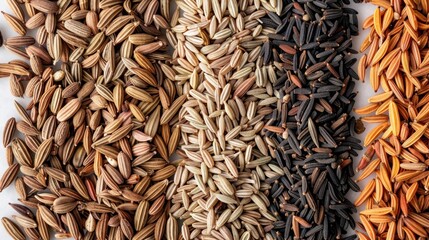 Macro shot of cumin and caraway seeds arranged in a precise line. Intricate arrangement of cumin and caraway seeds. - obrazy, fototapety, plakaty