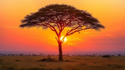 A serene African sunset with the silhouette of an acacia tree against a vibrant orange sky.