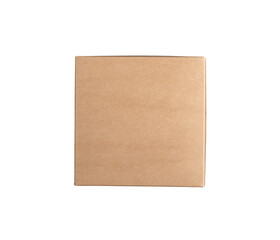 Kraft carton box, cardboard package of square shape, above top view, isolated on white, transparent png