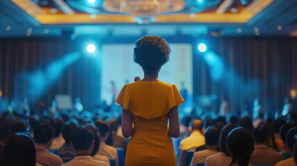 Woman standing out in yellow dress. Confidently addressing audience in busy conference