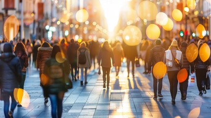 Obraz premium Busy city street with crowd of people walking at dusk, illuminated by a warm golden glow, urban life concept.
