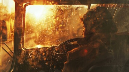A warm sunset reflects on the window of a vintage bus, creating an atmosphere of nostalgic travel.