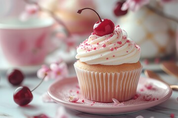 A vanilla cupcake with buttercream cream, sprinkles and cherry on top on a pink plate on wooden table