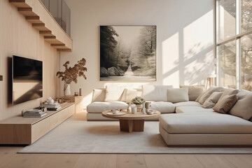 Scandinavian-inspired interior showcasing a serene TV room with beige stairs, natural light, and comfortable seating.