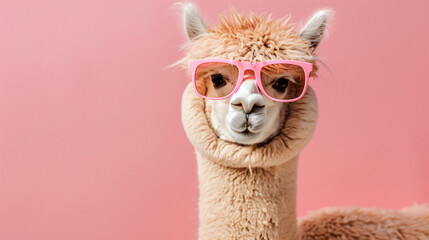 Fototapeta premium Pink alpaca wearing pink sunglasses on pink background