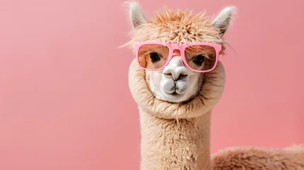 Fotobehang Pink alpaca wearing pink sunglasses on pink background © John
