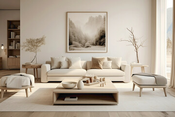 A modern Scandinavian living room in timeless beige shades, furnished with elegant pieces and adorned with understated artwork.