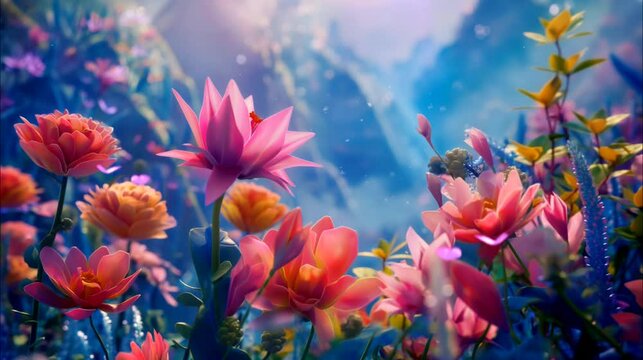 "Colorful flowers against the backdrop of a tranquil lake, creating a vibrant and serene scene, seamless looping time-lapse animation video background by AI."