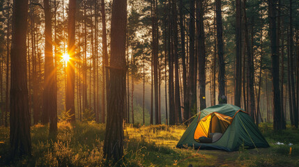 Camping Tent on a Lakeside at Sunrise Among Pine Trees - obrazy, fototapety, plakaty