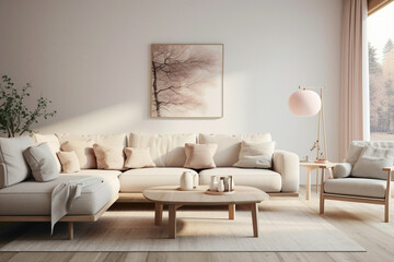 A modern beige living room with Scandinavian design elements, featuring sleek furniture, soft textiles, and a serene color palette.