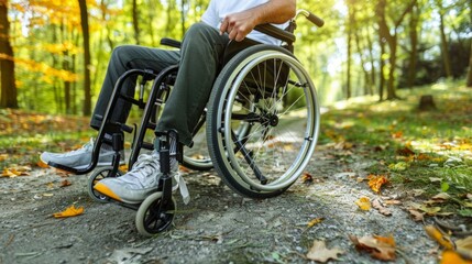 Naklejka premium Man navigating a wheelchair on a forest path with autumn leaves around.