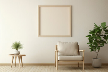 Dive into the peaceful ambiance of a beige living room with a solitary wooden chair, a verdant plant, and an empty frame awaiting your message.