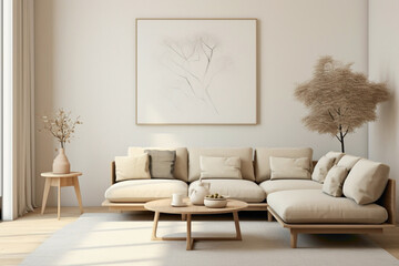 A minimalist beige living room with Scandinavian design elements, characterized by clean aesthetics, functional furniture, and serene ambiance.