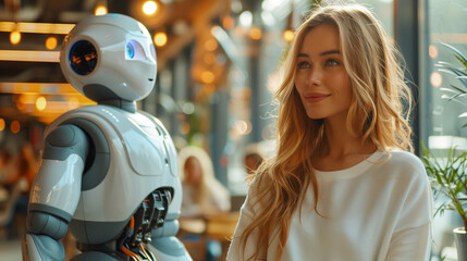 An advanced service robot interacts with customers in a spacious, contemporary cafe with large windows and autumnal scenery.
