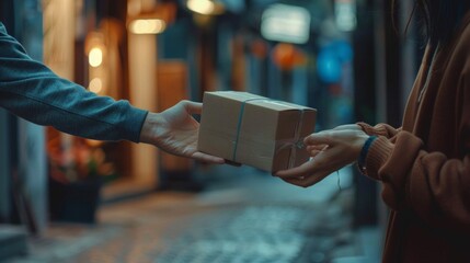 Two individuals exchanging a wrapped package in an evening urban setting.
