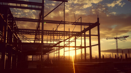 Fototapeta premium Construction Site at Sunset with Steel Framework and Cranes Against a Dramatic Sky