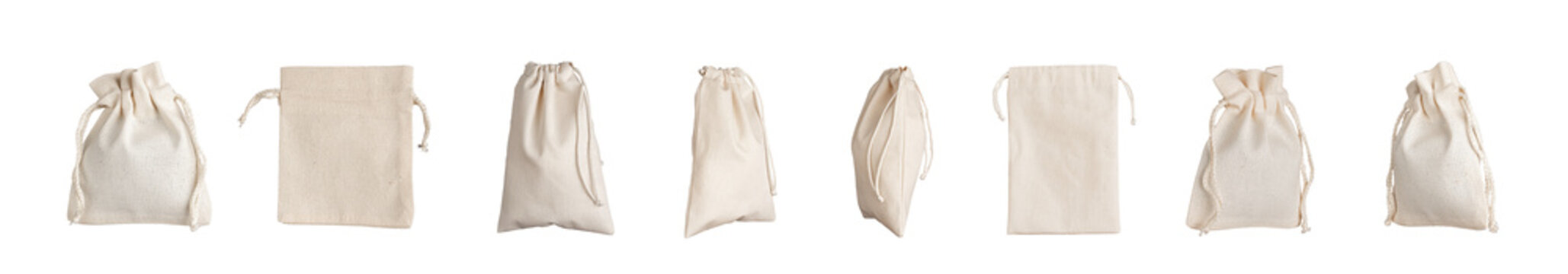 Textile bags set, pack mock up. Natural organic cotton sack isolated on white, transparent png