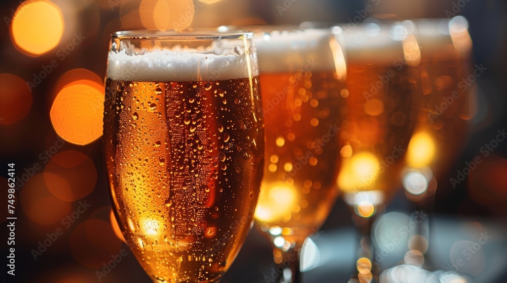 Poster multiple glasses of beer with glistening bubbles and warm bokeh lights, offering a toast to good tim